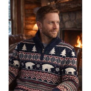 Aspen Fair Isle Winter Half Zip Pullover Sweater Navy and White Polar Bear